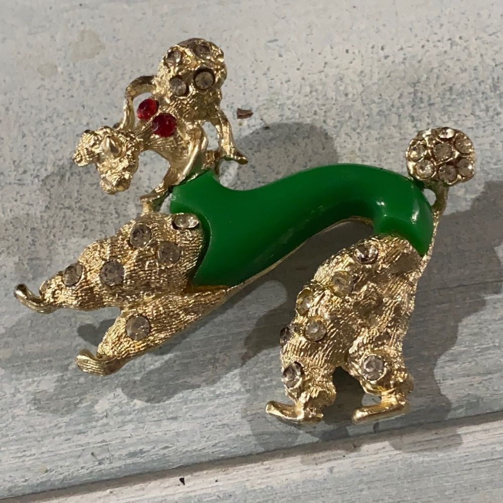 Charming Vintage Rhinestone Green Poodle Pin